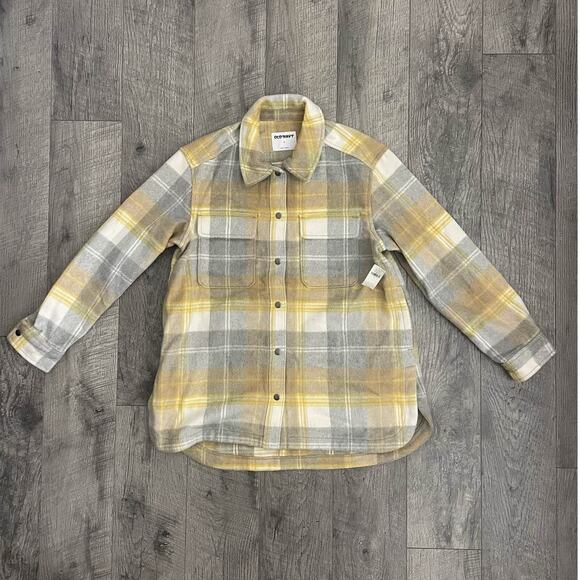 Old Navy Womens Soft-Brushed Plaid Shacket Yellow Gray White Size S - Picture 1 of 9
